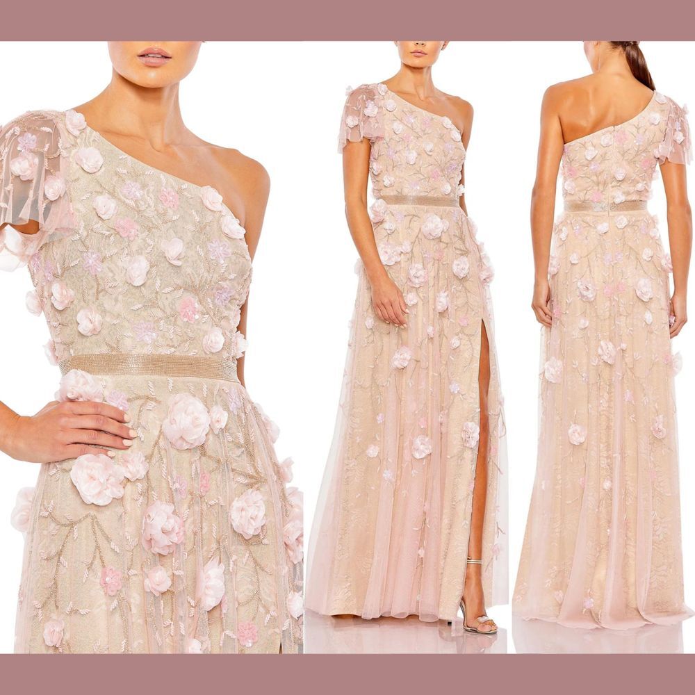 NEW $998 Mac Duggal [ 16 ] Floral Embellish One Shoulder A Line Gown Blush S1135